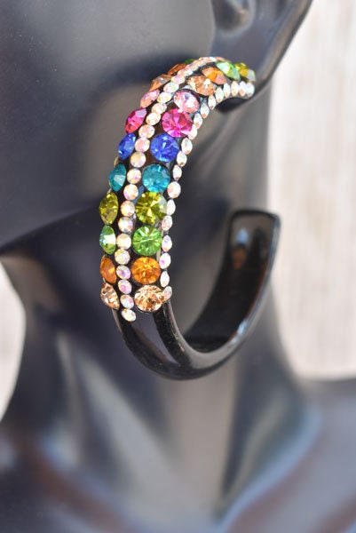 Black 5 Row Bling Statement Acrylic Lucite Multicolor Rhinestones 2" Women's Hoop Earrings Pageant Weddings Night Out Diva Pageant