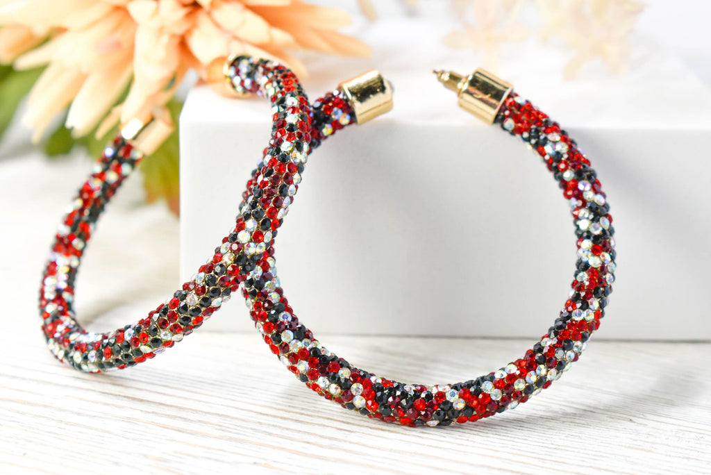 2.5" Ladies Bohemian Multi Tone Red Black Clear Rhinestone Sparkle Wrap Pave Open Hoop Earrings Stone Accent Women Party Night Out Bling