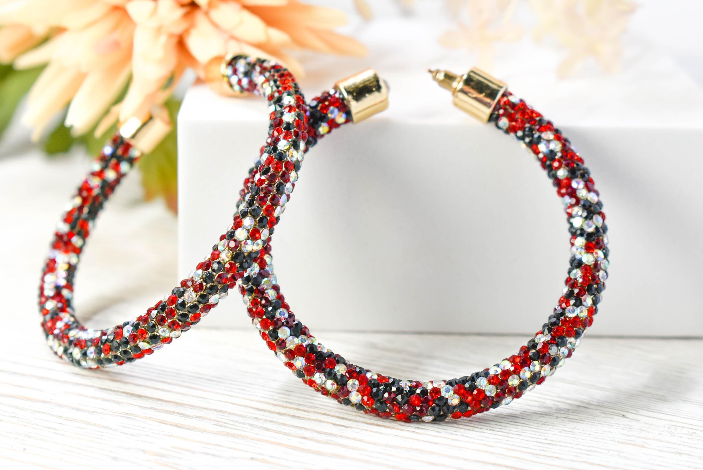 2.5" Ladies Bohemian Multi Tone Red Black Clear Rhinestone Sparkle Wrap Pave Open Hoop Earrings Stone Accent Women Party Night Out Bling