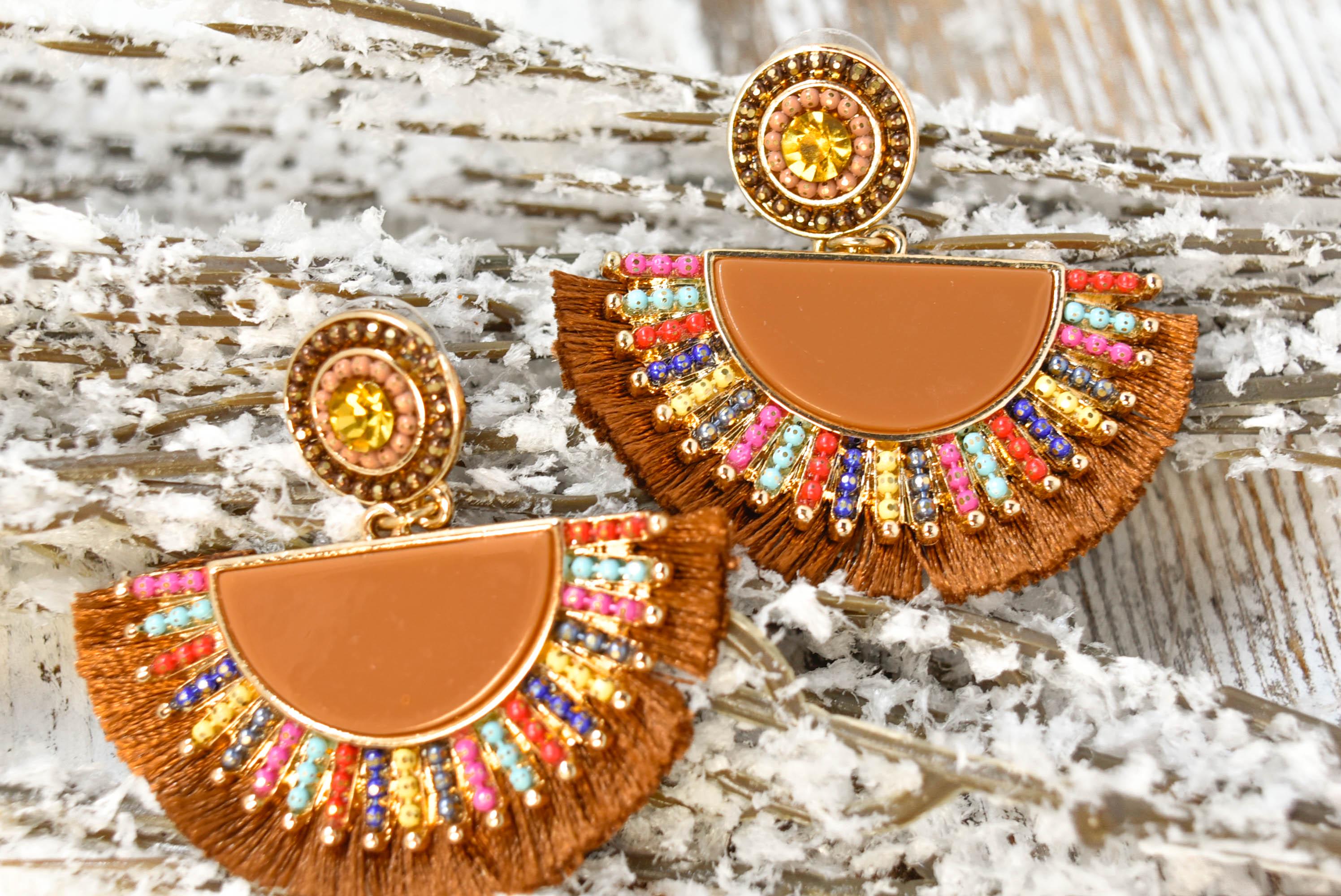 Statement Boho Brown Fan Shape Beaded Tassel Dangle Earrings Women Gifts Vacation