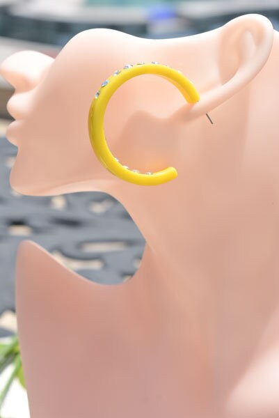 Yellow Color Single Row Bling Statement Lucite White Inner & Outer Rhinestones 2" Women's Hoop Earrings Pageant Weddings Night Out