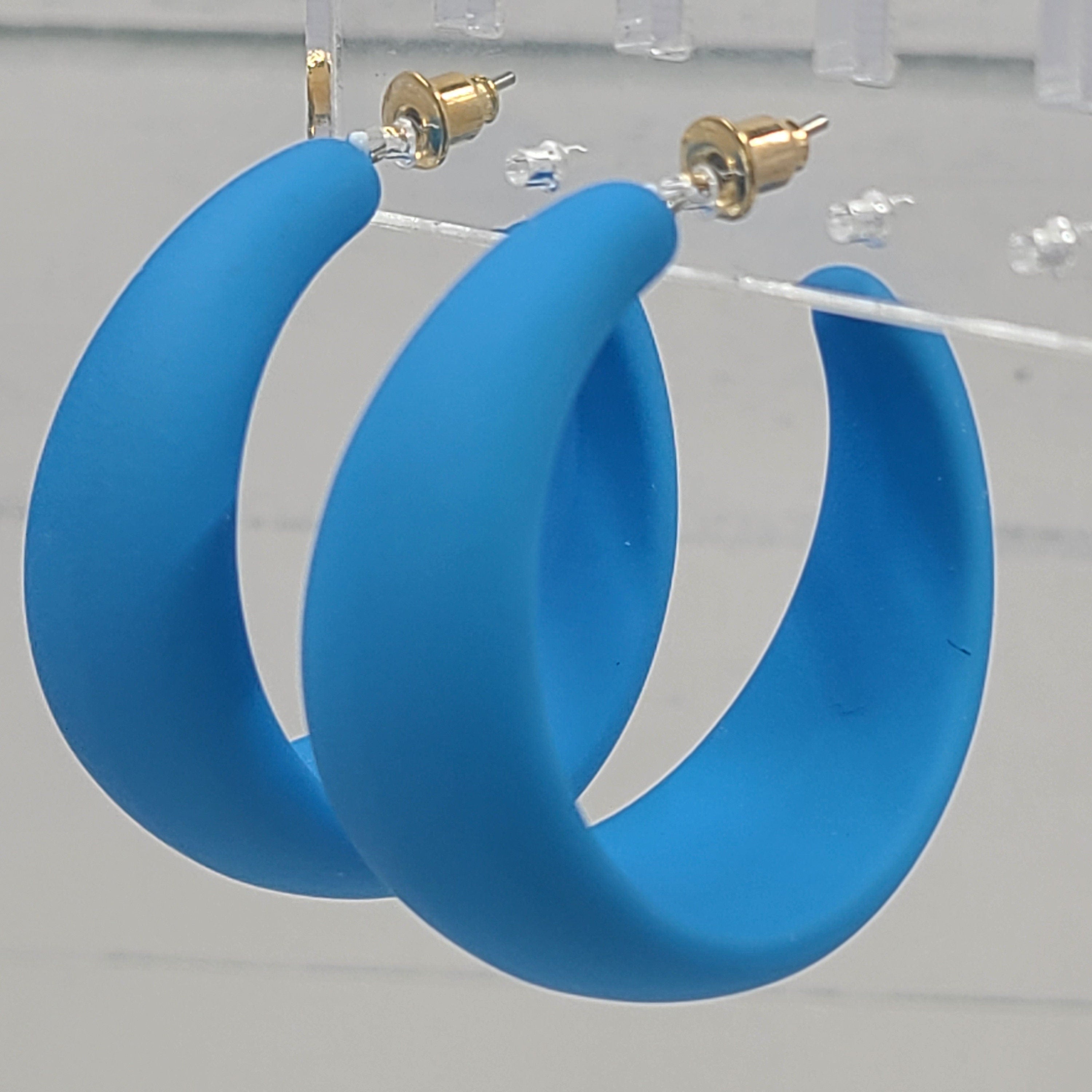 Blue 80's Retro Smooth Matte Texture 1.5" Semi Wide Fashion Hoop Earrings