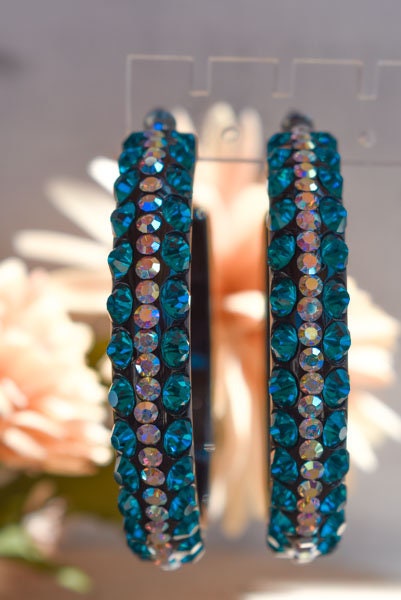 Three Row Black Statement Acrylic Lucite AB/Teal Rhinestones 2.5" Women's Hoop Earrings Pageant Weddings Night Out