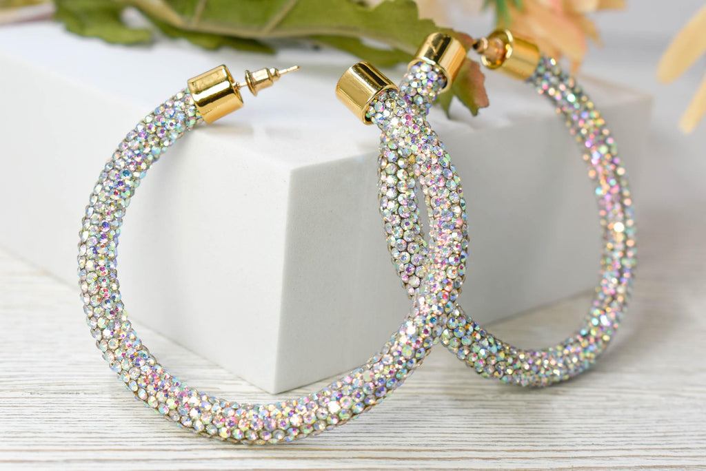 2.5" Ladies Bohemian Clear Iridescent Rhinestone Sparkle Wrap Pave Open Hoop Earrings Stone Accent Women Party Night Out