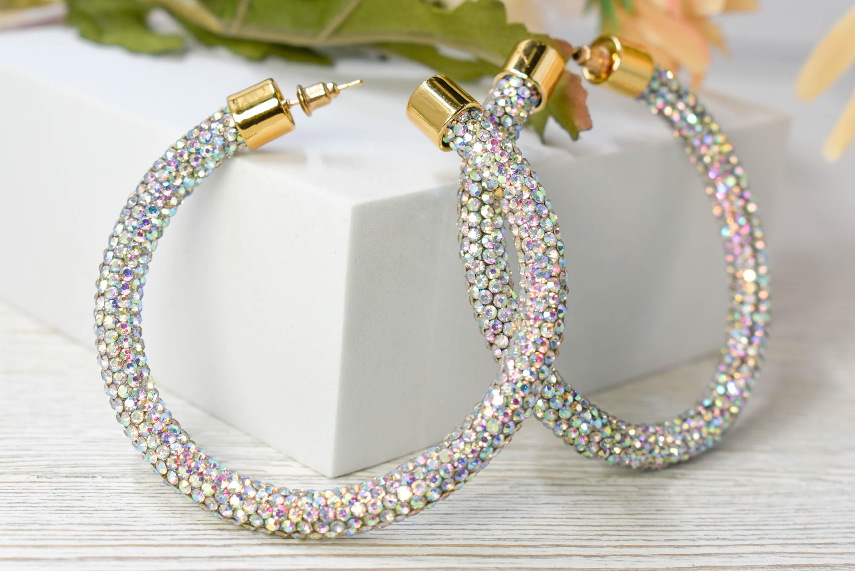2.5" Ladies Bohemian Clear Iridescent Rhinestone Sparkle Wrap Pave Open Hoop Earrings Stone Accent Women Party Night Out