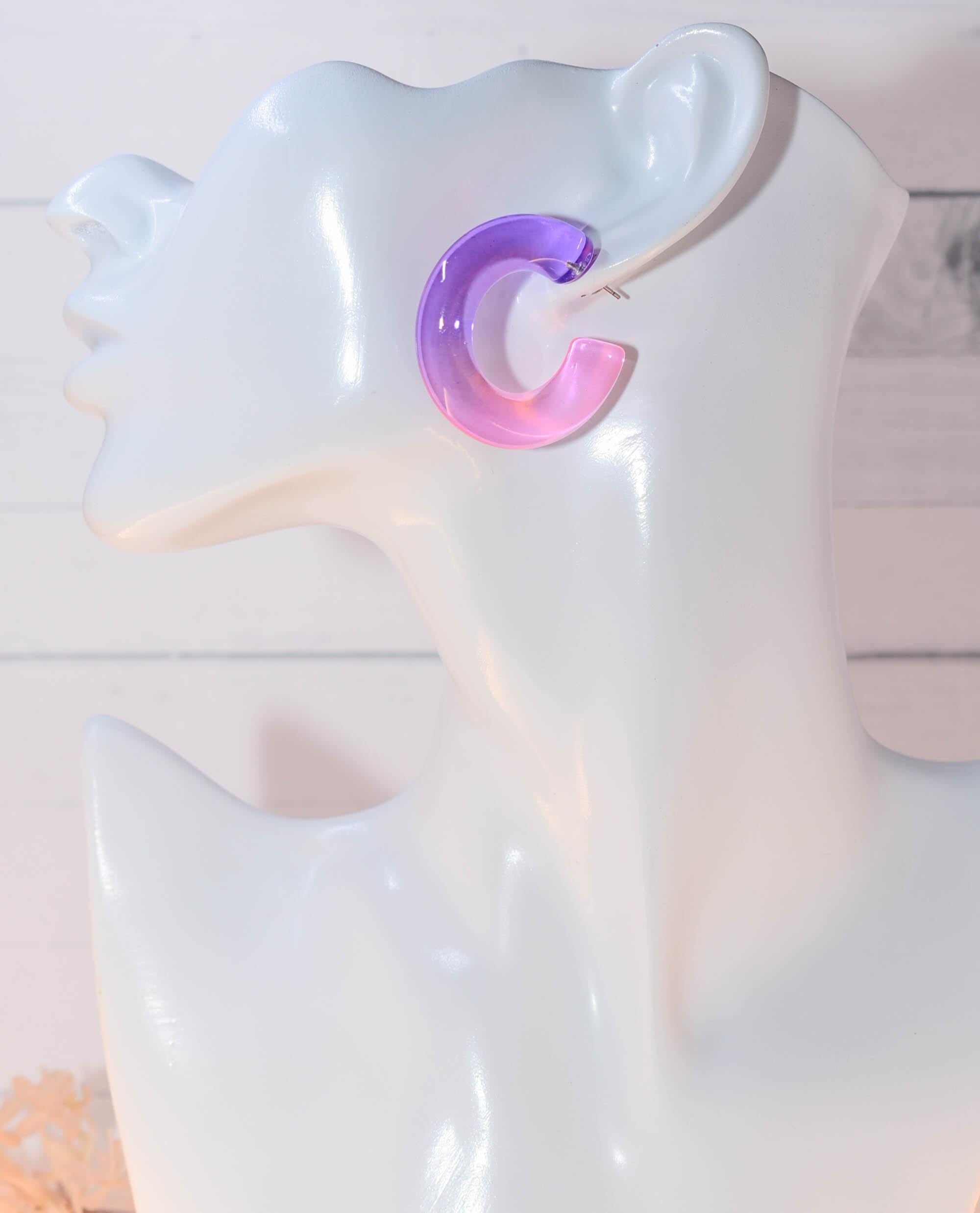 Translucent Gradient Purple Pink Retro Boho Semi Chunky Lucite Ombre Jelly 1.5" Hoop Earrings