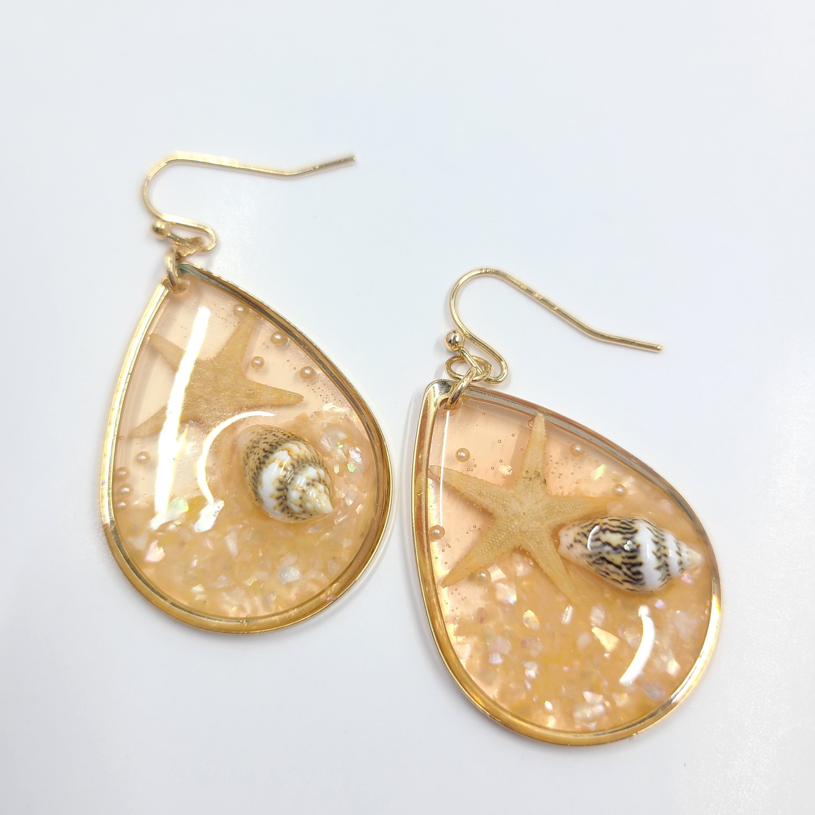 Boho Clear Coral Peach Resin Starfish Seashell Accent Beach Theme Sealife Teardrop Dangle Earrings Women's Vacation Gifts