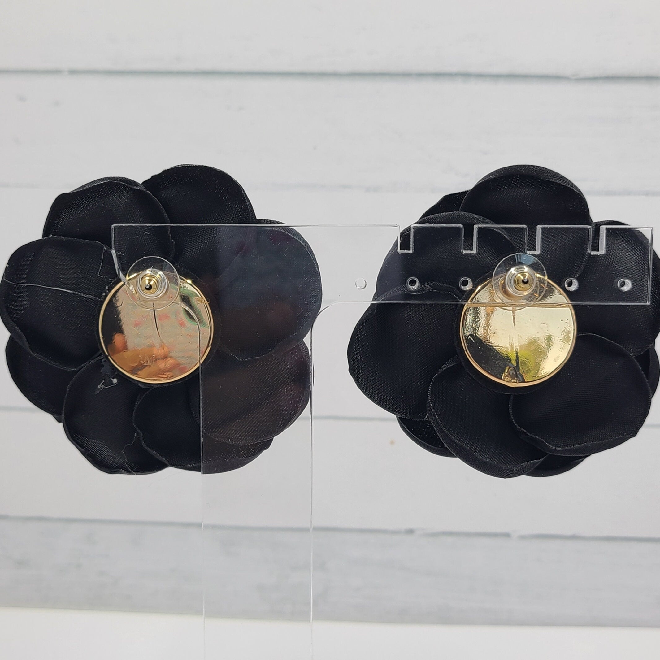 Boho Extra Large Satin Goth Emo Black Fabric Black Flower with Rhinestone Accent Stud Earrings Gift for Women