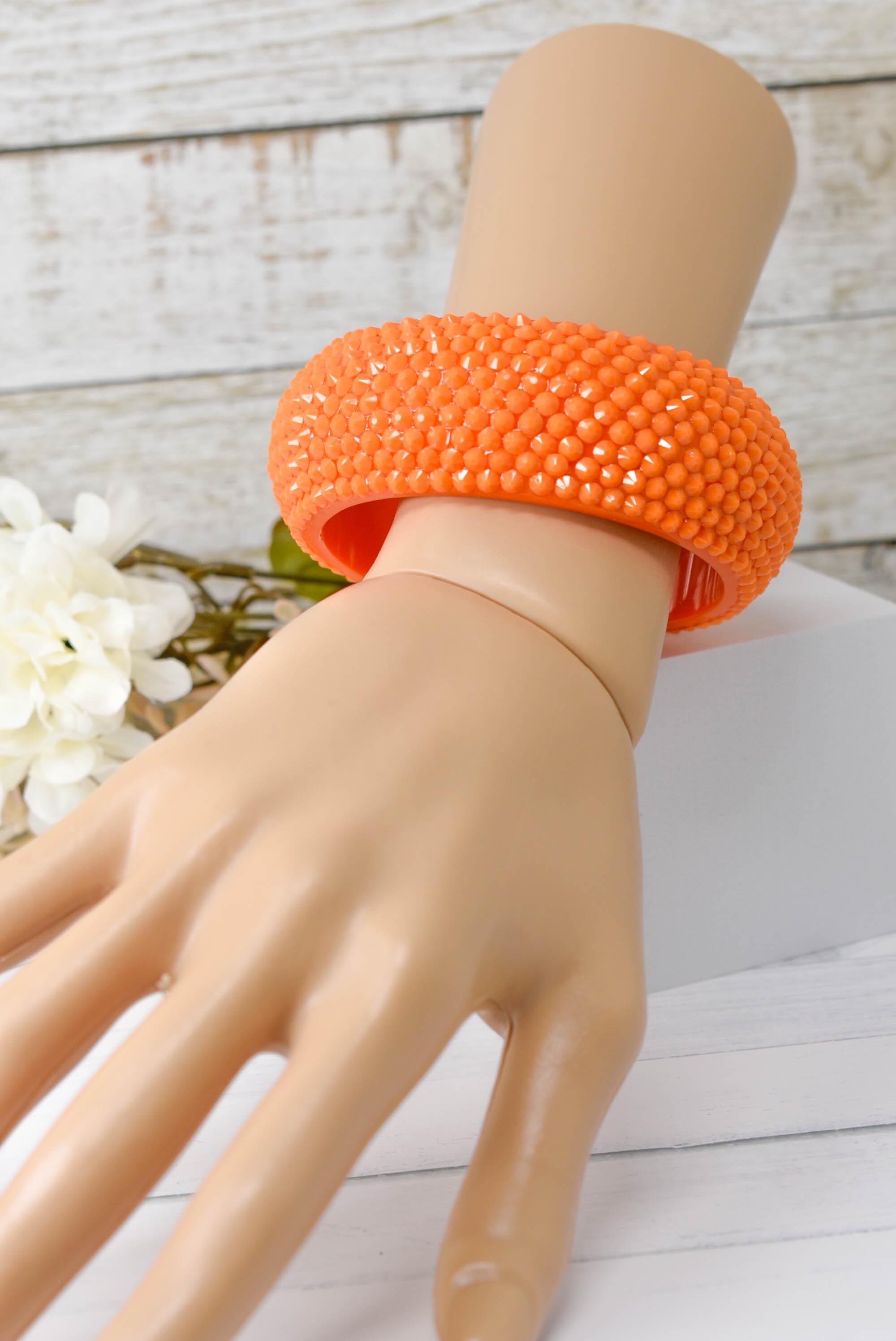Retro Neon Orange Chunky Rhinestone Embellished Summer Bangle Bracelet Pageants Night Out Fashion Statement Bling Jewelry 80s