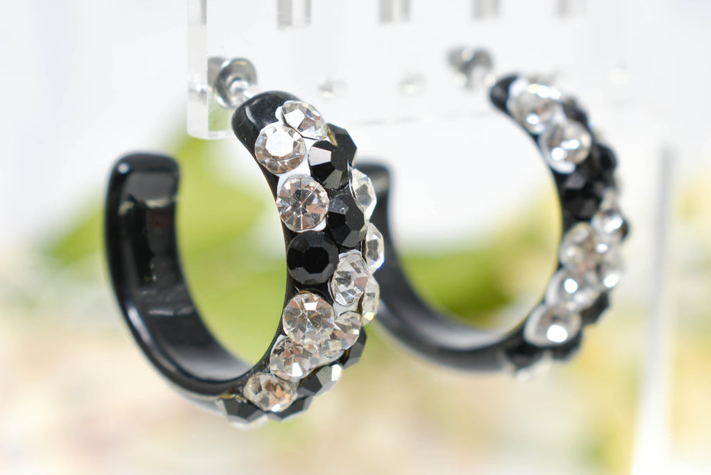 Black Bling Statement Acrylic Lucite Clear/Black Rhinestones 1.25" Women's Hoop Earrings with White Paint Accent Pageant Weddings Night Out