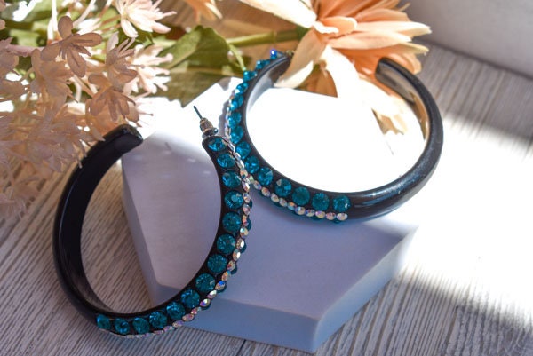 Three Row Black Statement Acrylic Lucite AB/Teal Rhinestones 2.5" Women's Hoop Earrings Pageant Weddings Night Out