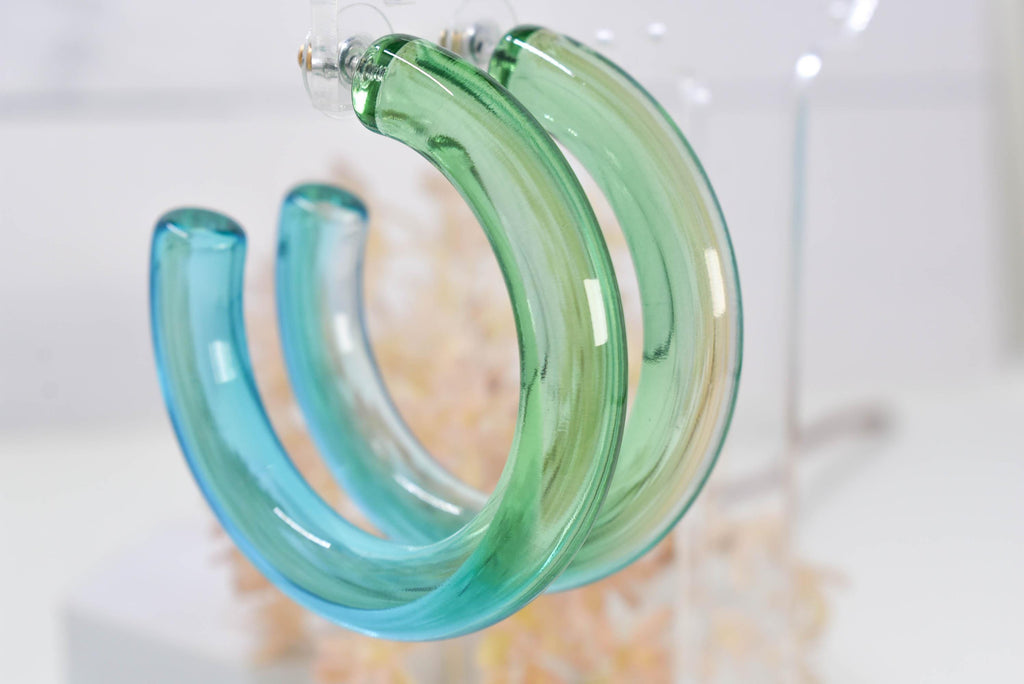 Statement Gradient Light Green to Light Blue Chunky Lucite Translucent Ombre Boho Hoop Earrings