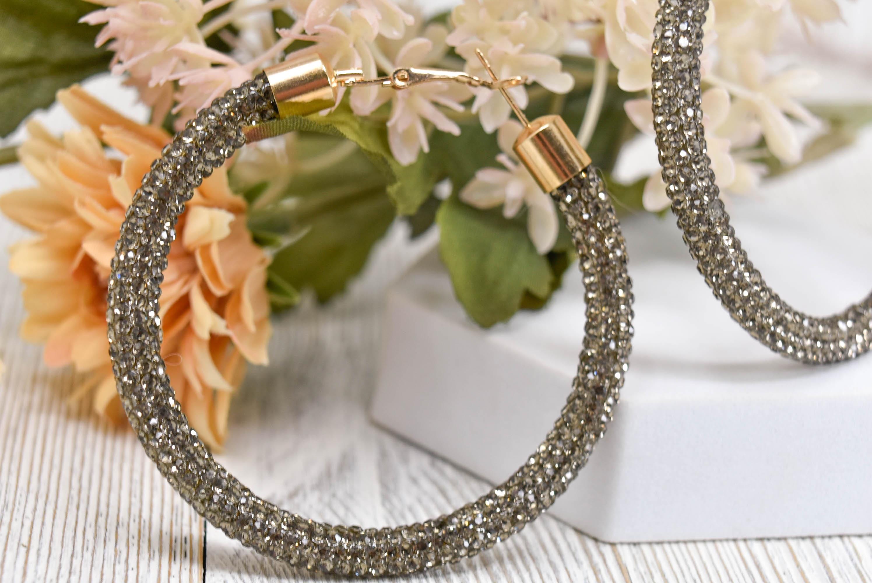 2.5" Large Bronze Bling Diva Pave Resin Set Rhinestone Hoop Earrings Women Party Night Out Pageant Jewelry Night Out Boujee Glam