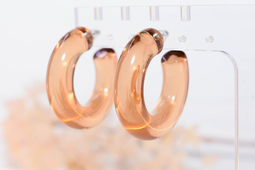 Translucent Light Amber Retro Boho Semi Chunky Lucite Jelly 1.5" Hoop Earrings