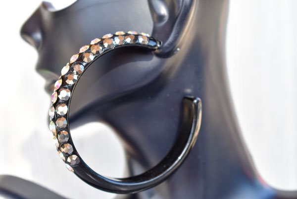 Black 3 Row Bling Statement Acrylic Lucite Hematite Gray/AB Rhinestones 2.5" Women's Hoop Earrings Pageant Weddings Night Out