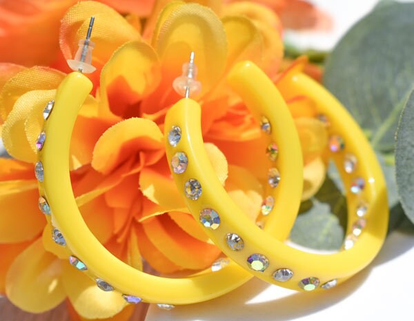 Yellow Color Single Row Bling Statement Lucite White Inner & Outer Rhinestones 2" Women's Hoop Earrings Pageant Weddings Night Out
