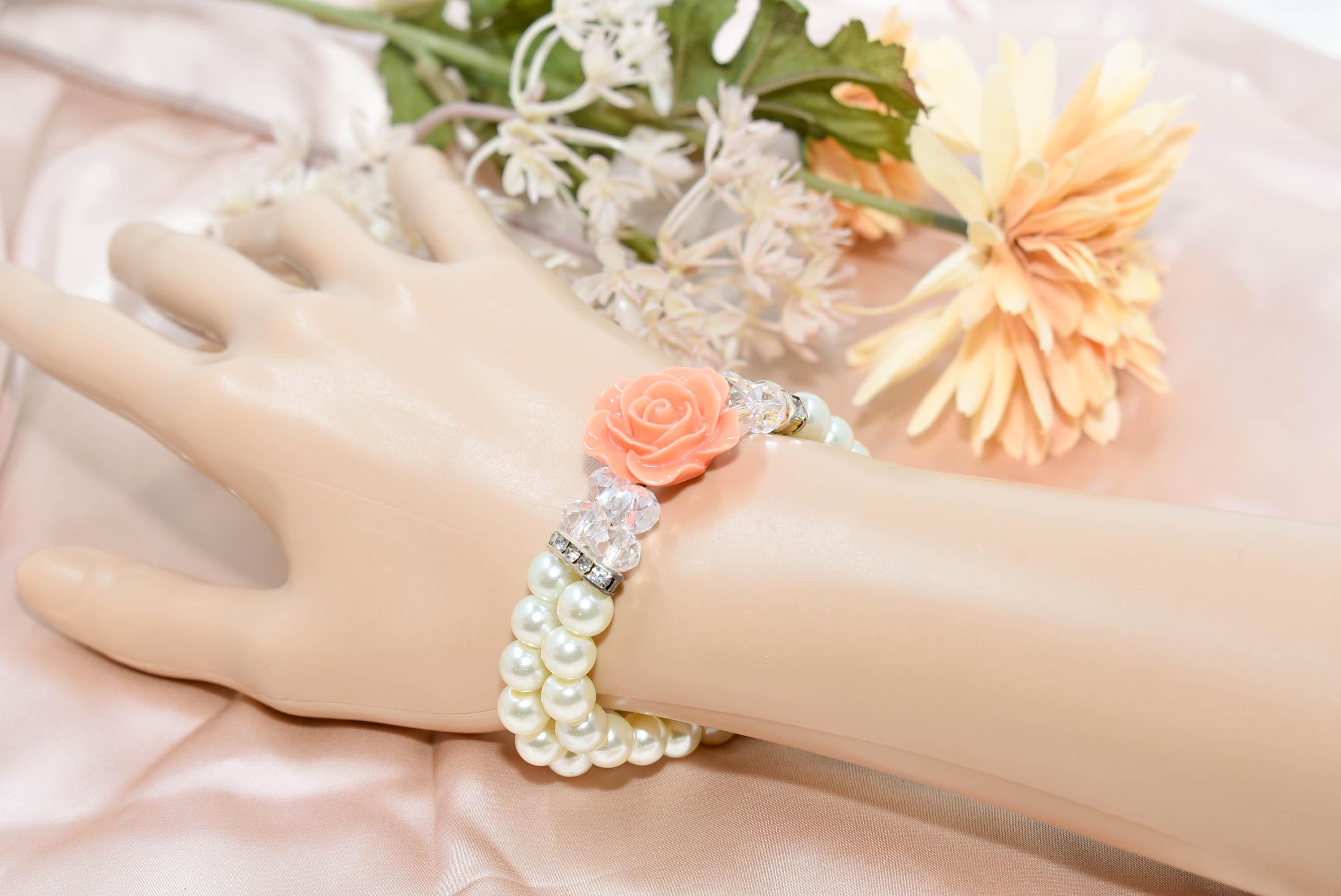 Elegant Double Strand Faux Pearl Crystal Bead Coral Rose Charm Stretch Bracelet