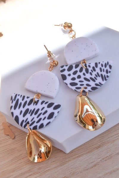 Boho Fashion Statement Handmade Polymer Clay "Aria Dalmatian" Dangle Drop Earrings Gifts Women Polka Dot