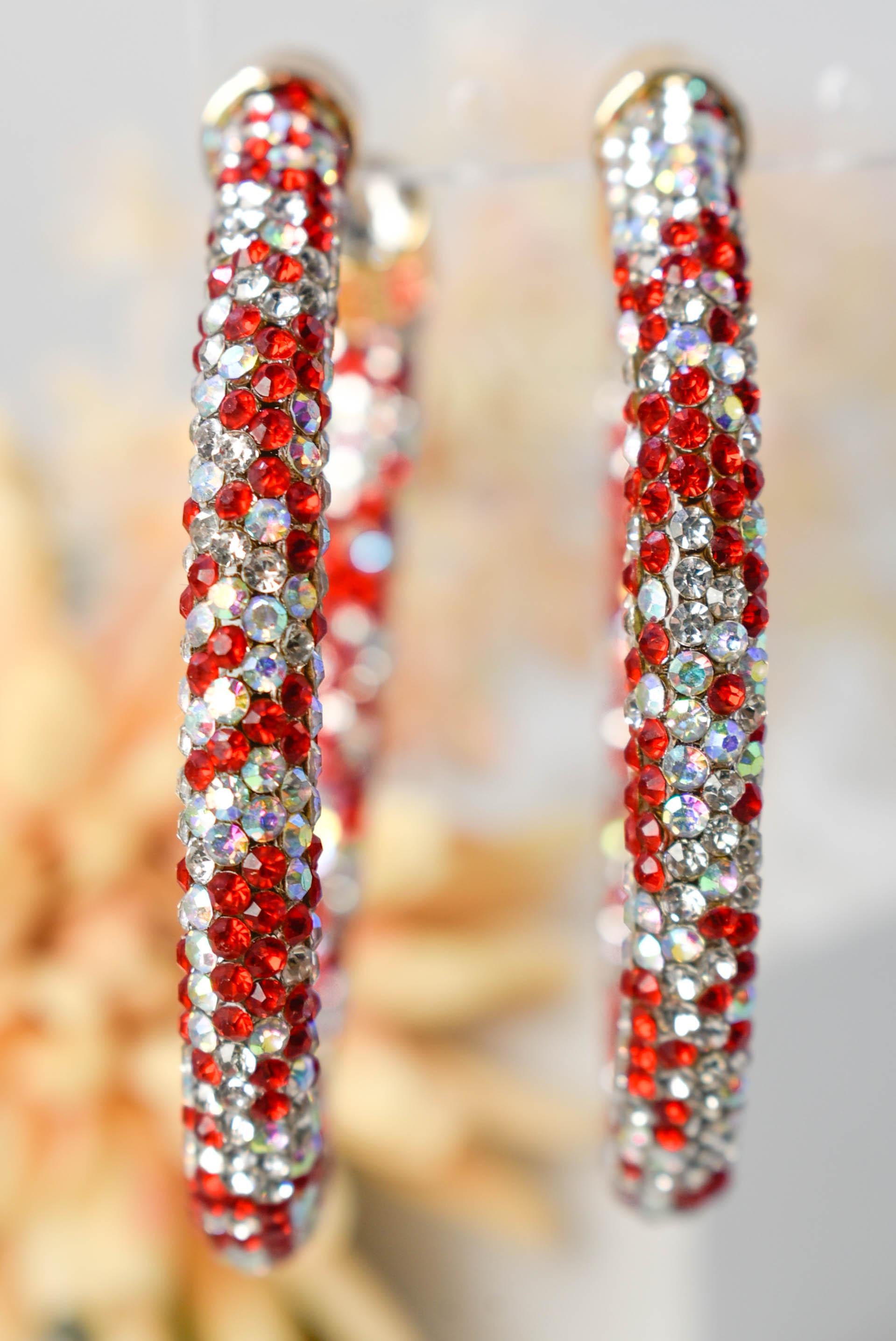 2.5" Ladies Bohemian Multi Tone Red  Clear Rhinestone Sparkle Wrap Pave Open Hoop Earrings Stone Accent Women Party Night Out Bling