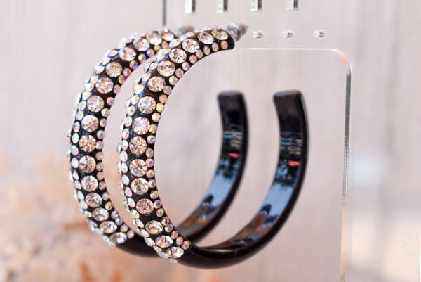 Black 5 Row Bling Statement Acrylic Lucite AB/Clear Rhinestones 2.5" Women's Hoop Earrings Pageant Weddings Night Out Diva Pageant