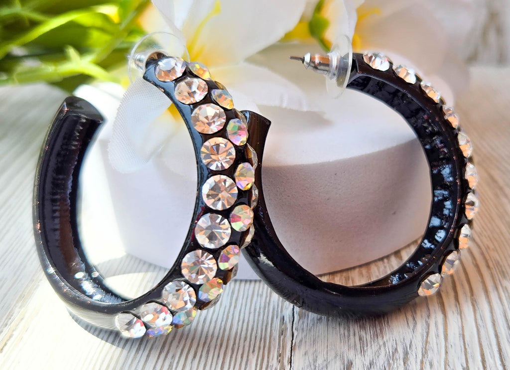 AB & Clear Large Rhinestones Bling Statement 1.75" Black Metal Hoop Earrings Night Out Boujee Evening Special Occasion Women's Jewelry