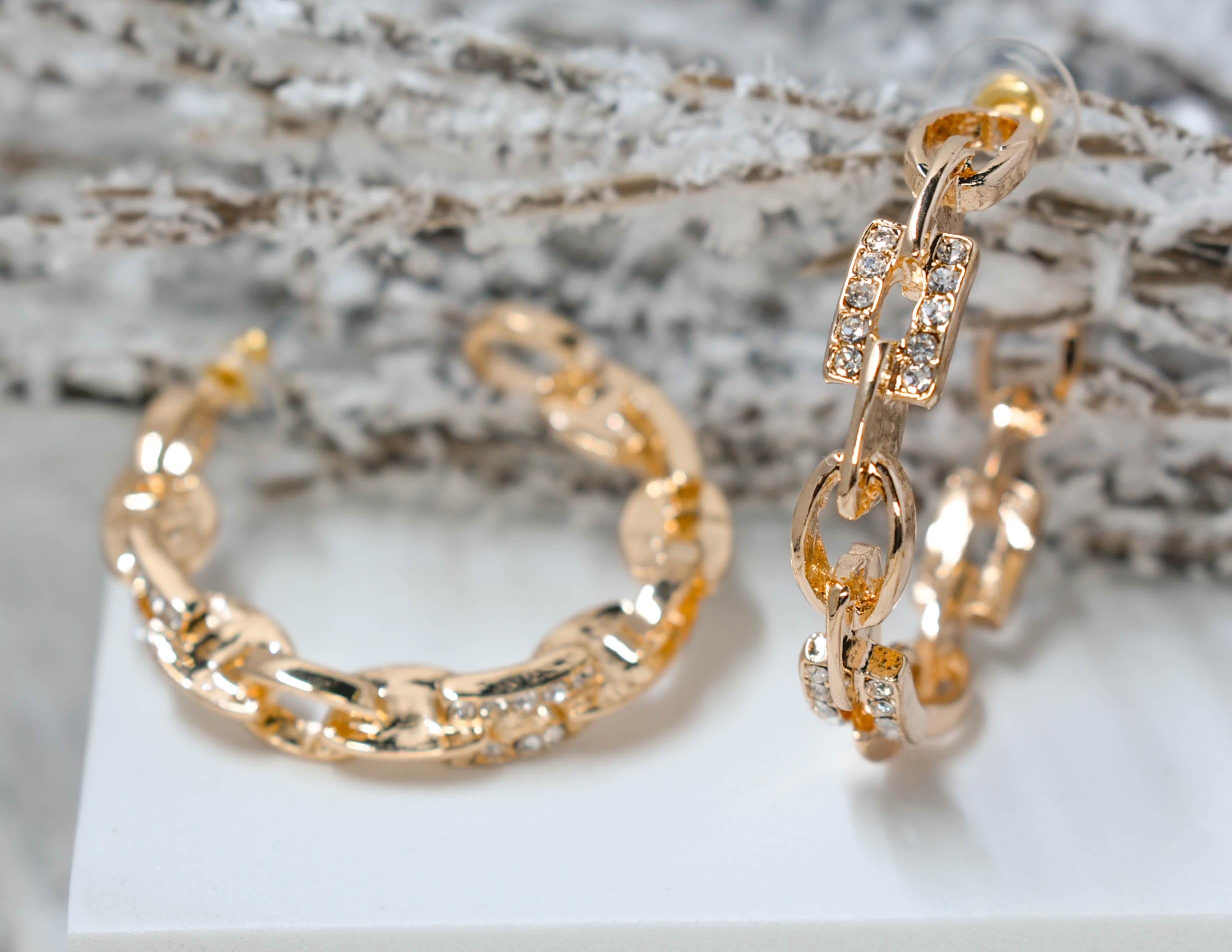 Statement Gold Tone Chain Link Rhinestone Hoops