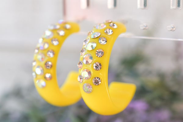 Yellow 3 Row Bling Statement Acrylic Lucite AB/Clear Rhinestones 1" Women's Hoop Earrings Pageant Weddings Night Out Diva Pageant