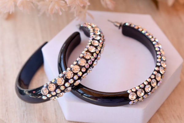 Black 5 Row Bling Statement Acrylic Lucite AB/Clear Rhinestones 2.5" Women's Hoop Earrings Pageant Weddings Night Out Diva Pageant