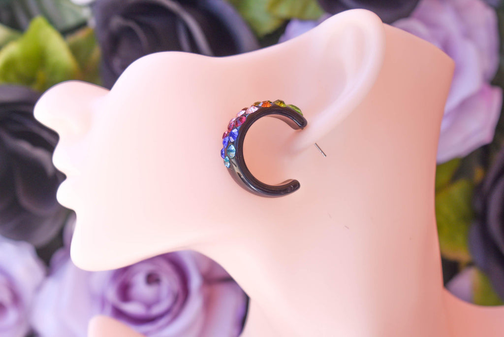 Black Bling Statement Semi Wide Multicolor Diagonal Rhinestones 1" Women's Hoop Earrings Pageant Weddings Night Out Diva Pageant