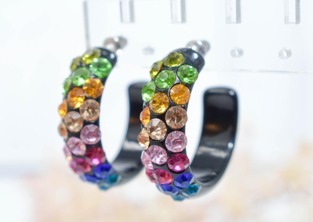 Black Diagonal Pattern Bling Lucite Vivid Multicolor Rhinestones 1.25" Hoop Earrings Pageant Weddings Night Out