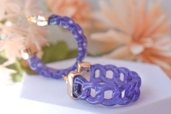 Boho 1.25" Clear Purple Blue Chain Link Lucite Translucent Hoop Earrings Stylish Gifts Women Fashion