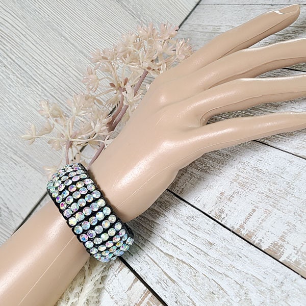 Black Stretch Segmented Bracelet with Iridescent (AB) Rhinestones Women's Fashion Statement Jewelry Pageant Night Out