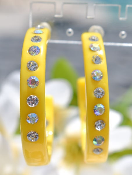 Yellow Color Single Row Bling Statement Lucite White Inner & Outer Rhinestones 2" Women's Hoop Earrings Pageant Weddings Night Out