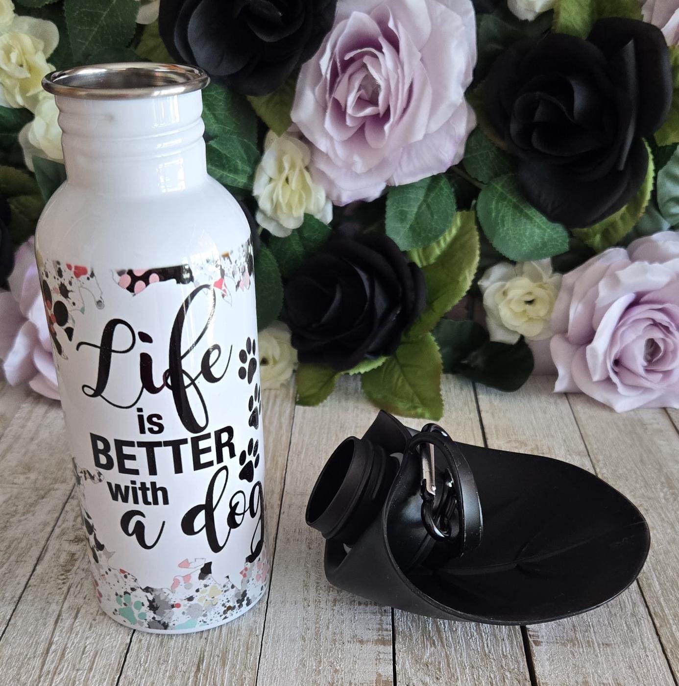 Life is Better with a Dog Portable Dog Water Bottle 20oz Stainless Steel Dog Lover Owner Puppy Pet Travel Water Bowl Mom Birthday Gift
