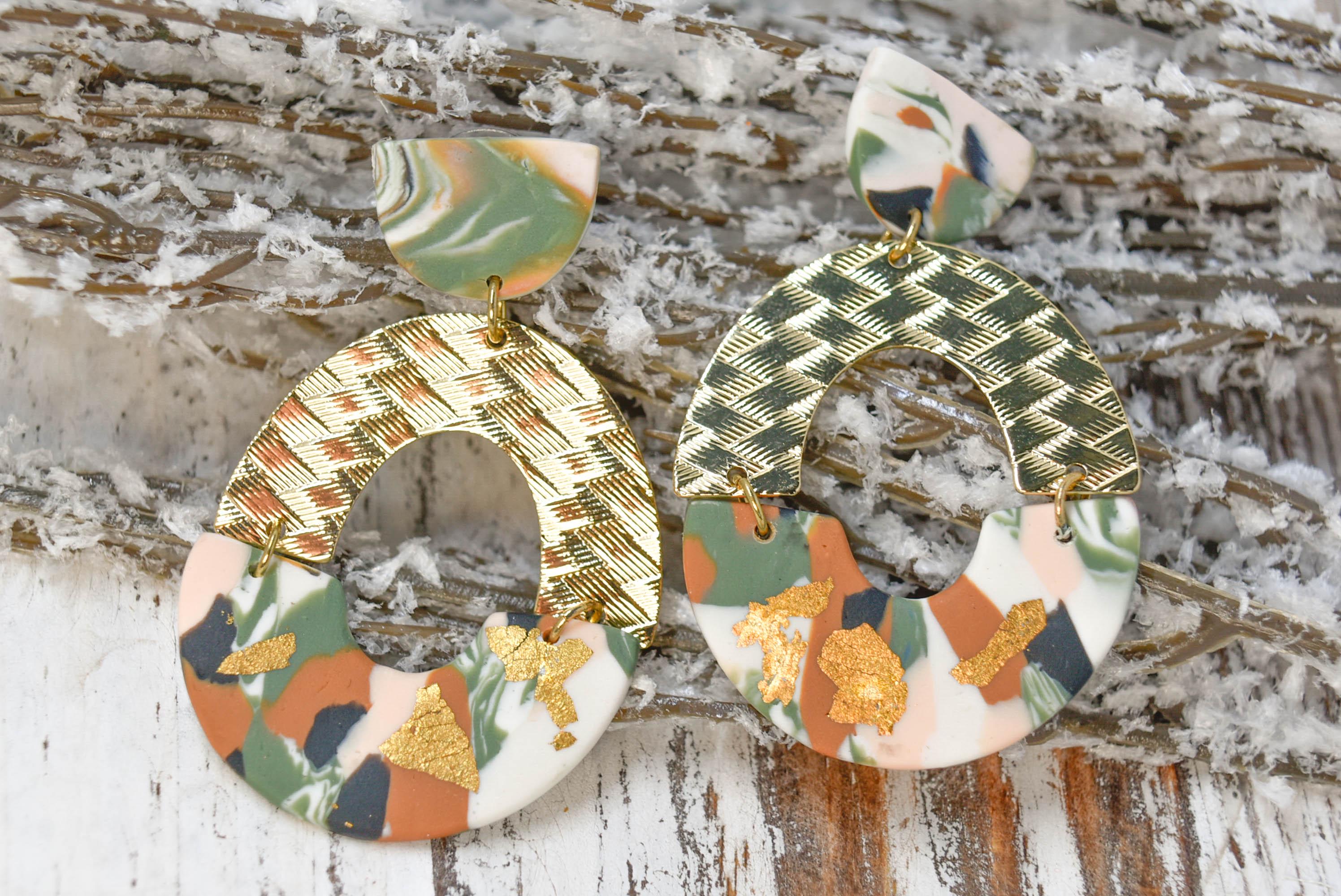 Boho Fashion Statement Handmade Camouflage Polymer Clay Gold Flakes "Alma Army" Dangle Drop Earrings Gifts Women