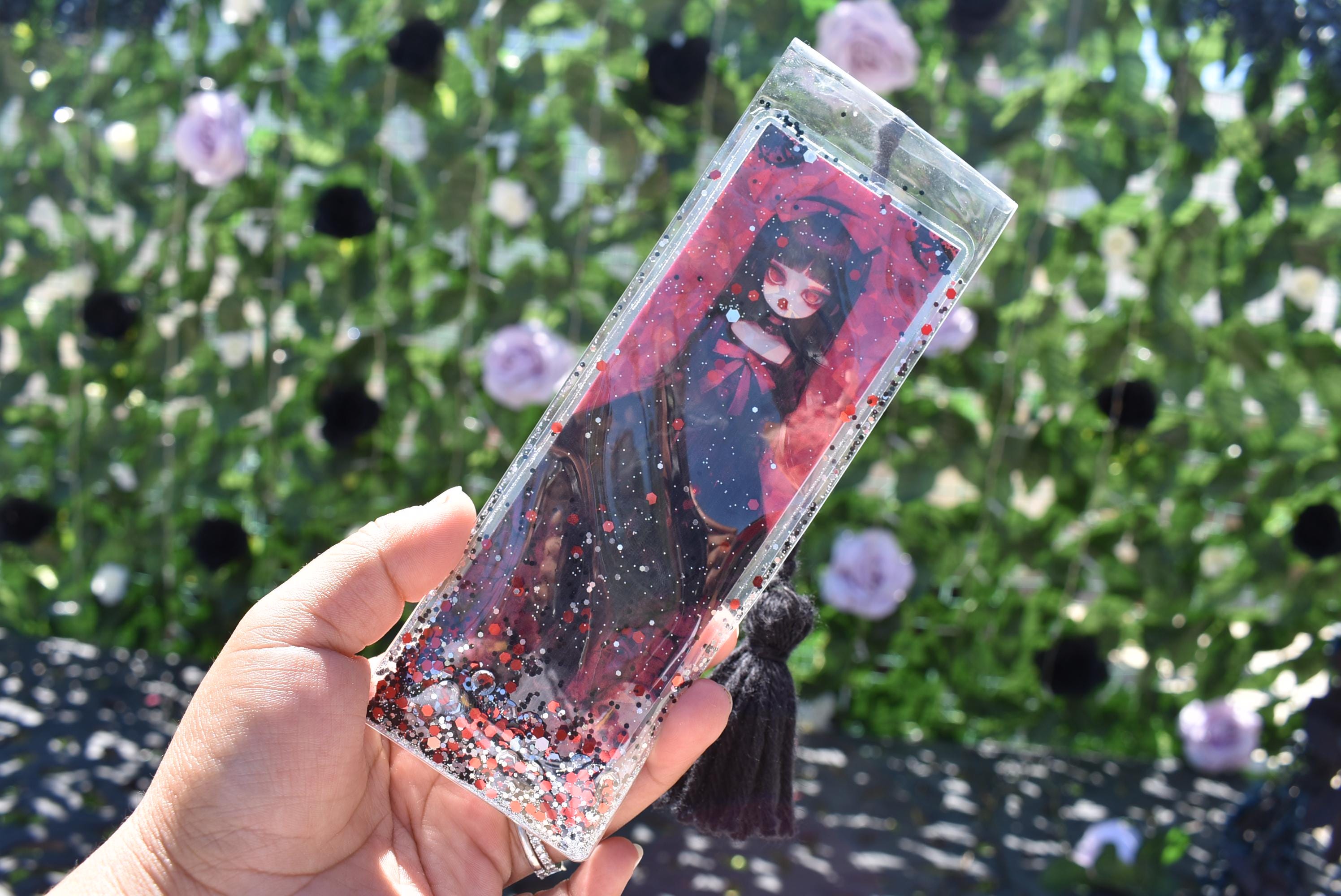 Double Side Print Gothic Girl Glitter & Sequin Shaker Bookmark Book Lovers Stocking Stuffer Gifts Kids Halloween Dark Mood