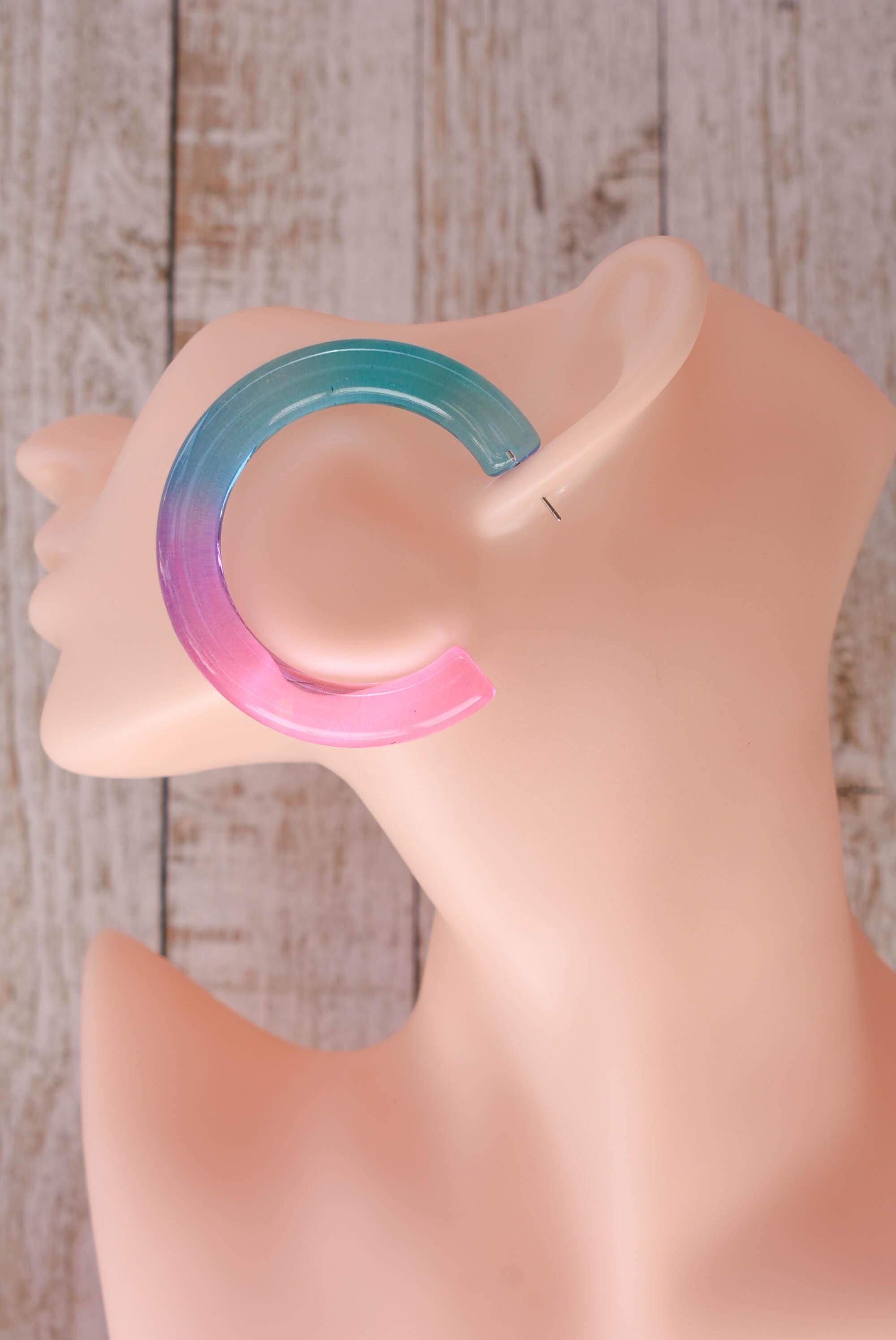 Translucent Gradient Blue Purple Pink Retro Boho Statement Chunky Lucite Ombre Hoop Earrings Fun Earrings Costume Accessories Womens Hoops