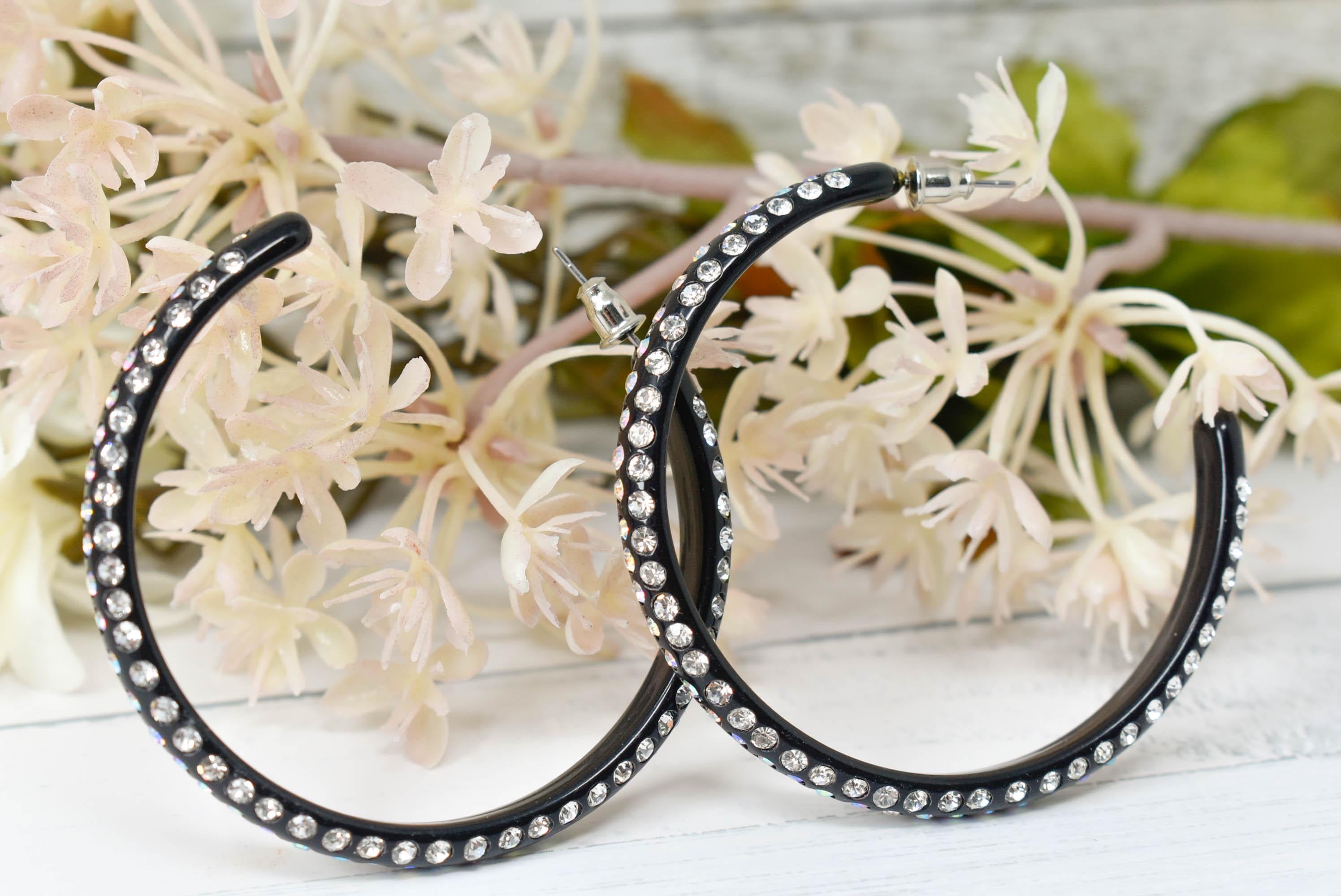 Black 3 Row Bling Statement Acrylic Lucite AB Iridescent Rhinestones 2.25" Women's Hoop Earrings Pageant Weddings Night Out Diva Pageant