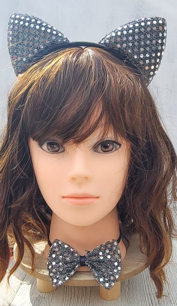 Halloween Costume Cosplay Sequin Style Silver/Black Cat Ears Headband and Matching Bow Tie Kids Adults Dress Up