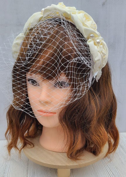 Ivory Satin Rose Bridal Headband: Wedding Veil Fascinator
