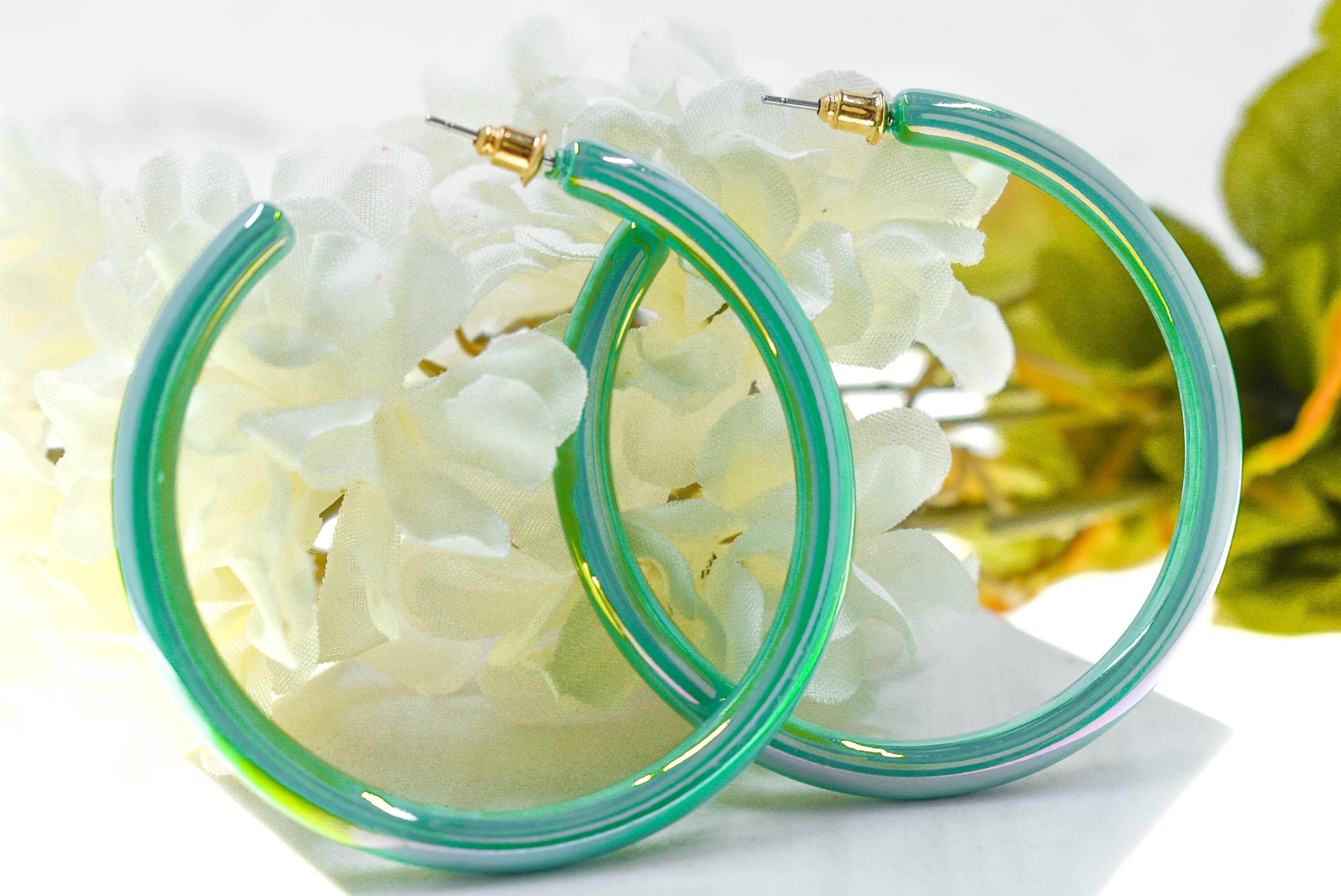 80s Iridescent Hoop Earrings: Mint Teal Groovy Statement Accessory