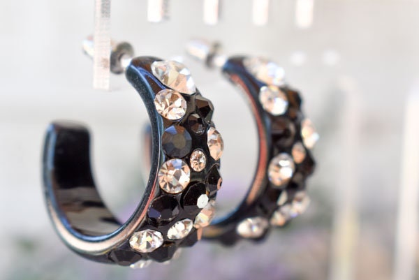 Black Bling Statement Semi Wide Lucite Black/Clear Diagonal Rhinestones 1" Women's Hoop Earrings Pageant Weddings Night Out Diva Pageant