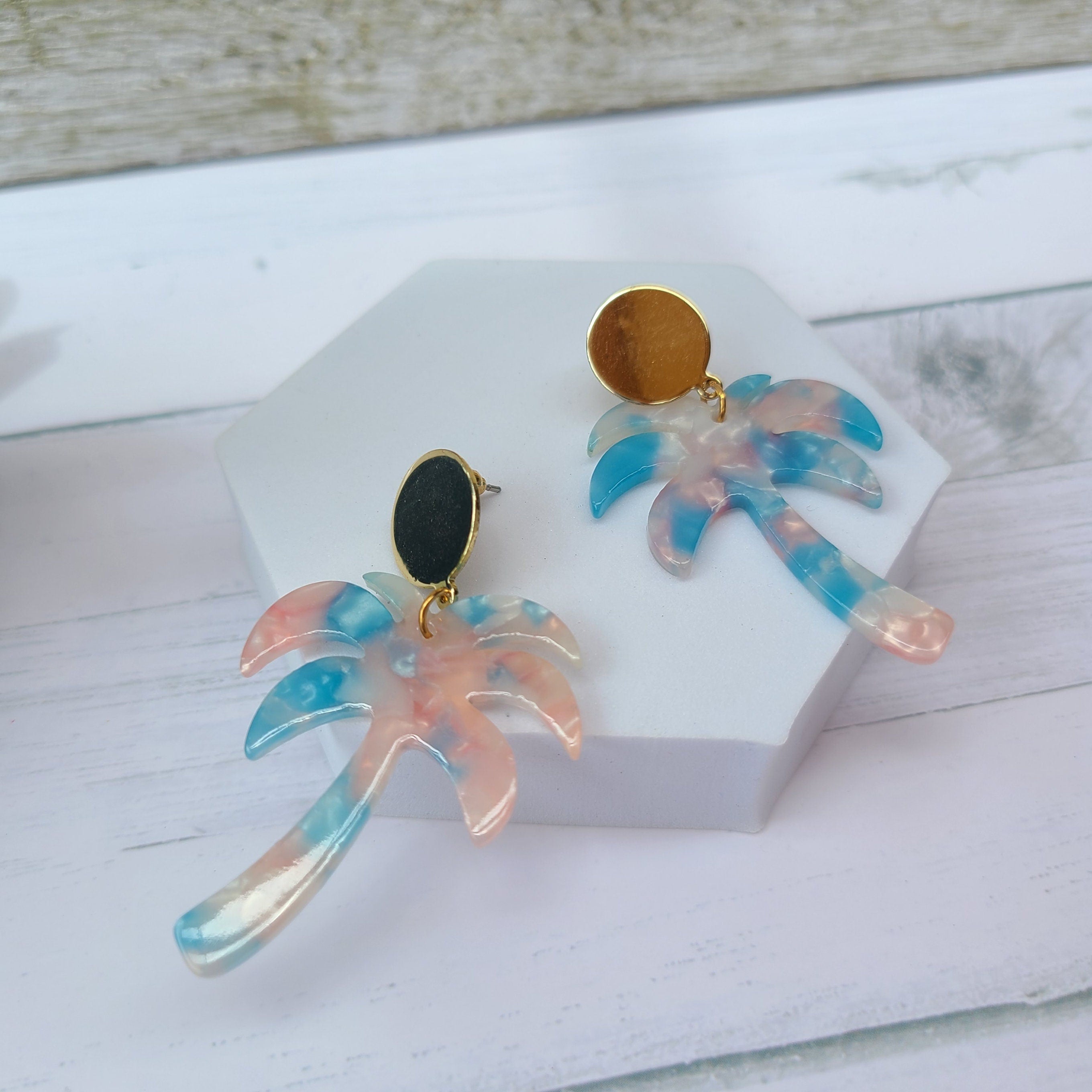 Blue/Pink Marbled Acetate Lucite Dangle Tropical Palm Tree Earrings