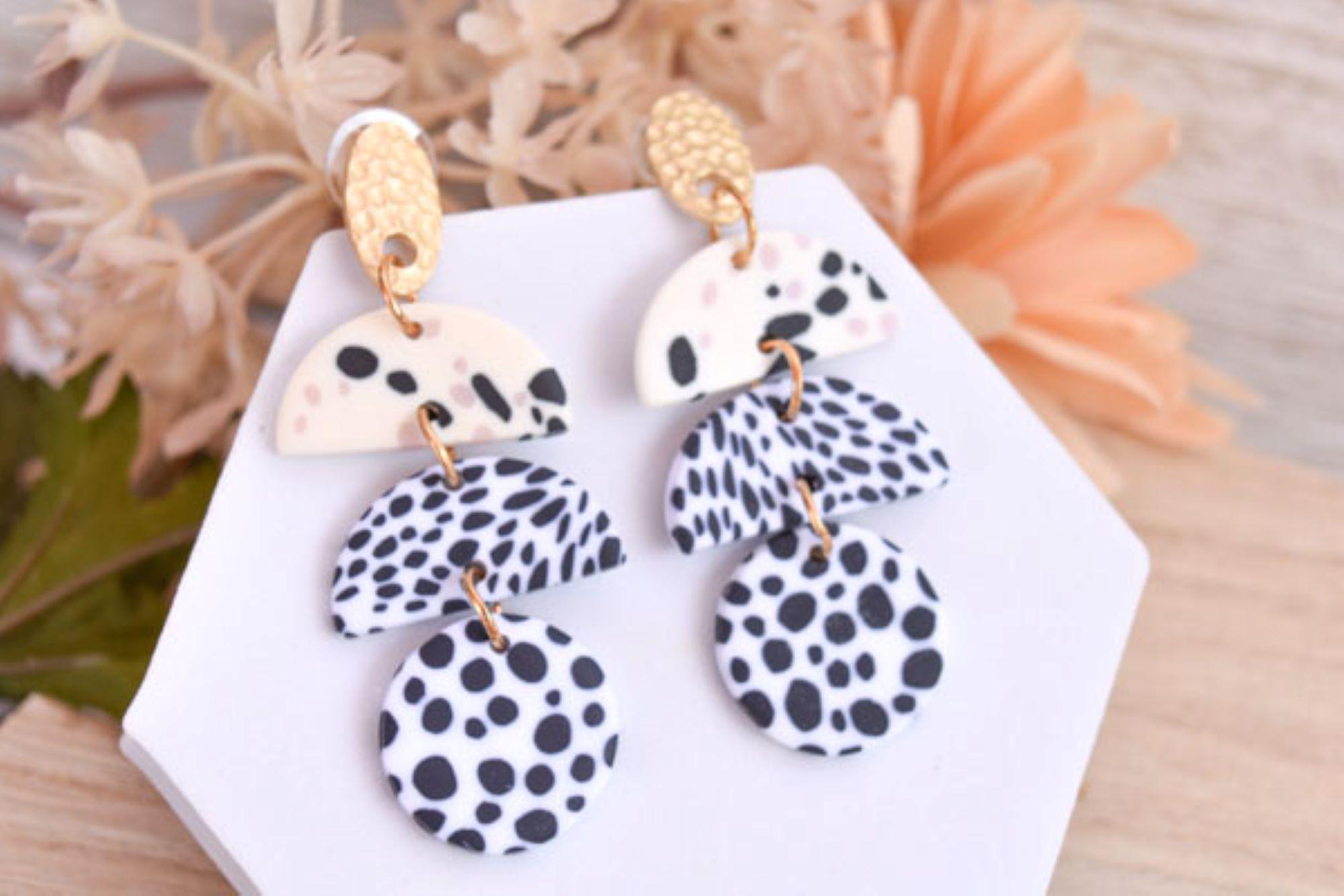 Boho Fashion Statement Handmade Polymer Clay "Allison" Dangle Drop Earrings Gifts Women Polka Dot