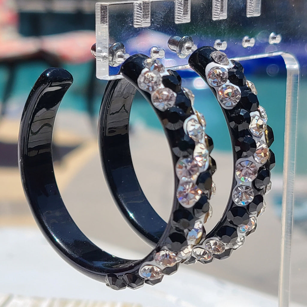 Black Bling Statement Acrylic Lucite Clear/Black Rhinestones 2" Women's Hoop Earrings with White Paint Accent Pageant Weddings Night Out