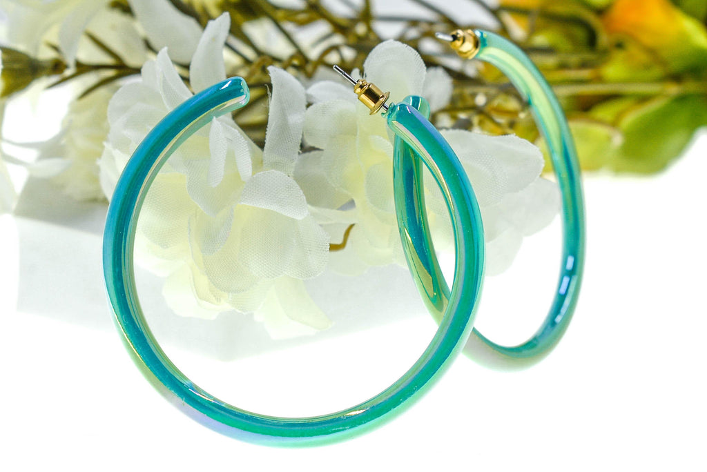 80s Iridescent Hoop Earrings: Mint Teal Groovy Statement Accessory