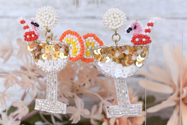 Summer Statement Seed Bead Martini Cocktail Flamingo Topper Party Dangle Earrings Girls Night Out