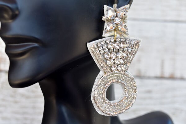 Statement Diva Bachelorette Party Diamond Ring Shape Seed Bead Engagement Wedding Bridal Shower Dangle Earrings