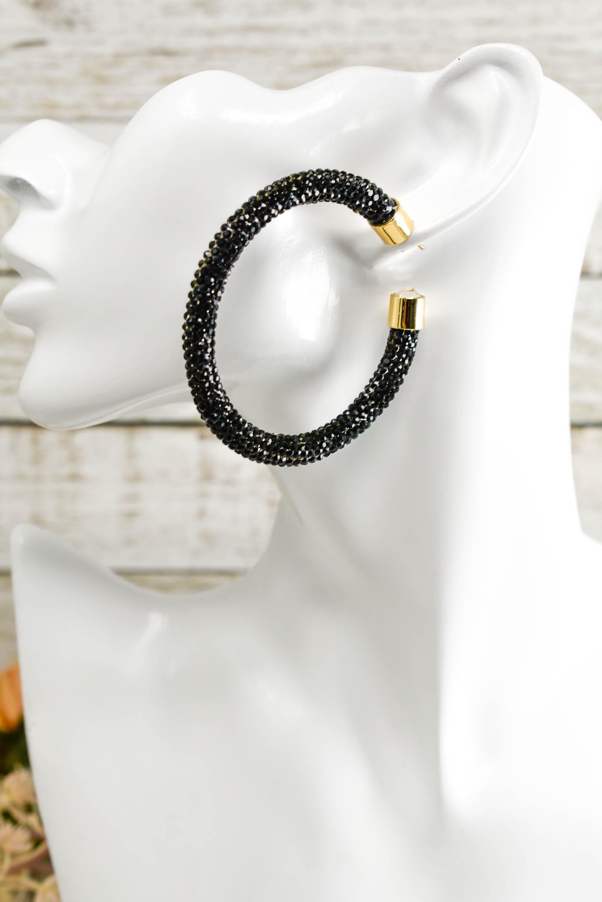 2.5" Ladies Bohemian Black Rhinestone Sparkle Wrap Pave Open Hoop Earrings Stone Accent Women Party Night Out