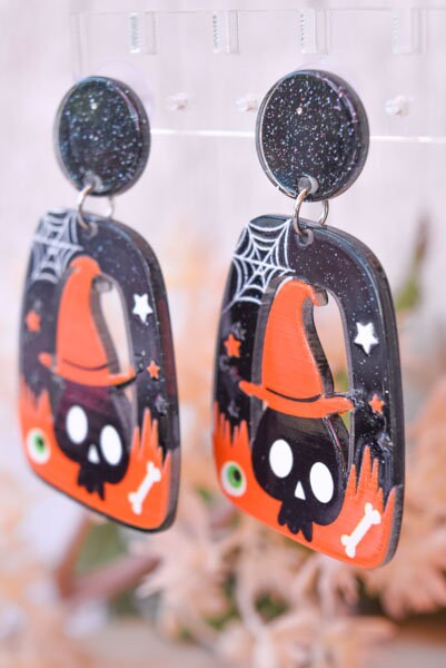 Abstract Shape Halloween Cute Skull Witch Hat Glitter Acrylic Holiday Women Girls Dangle Earrings Emo Goth Steampunk
